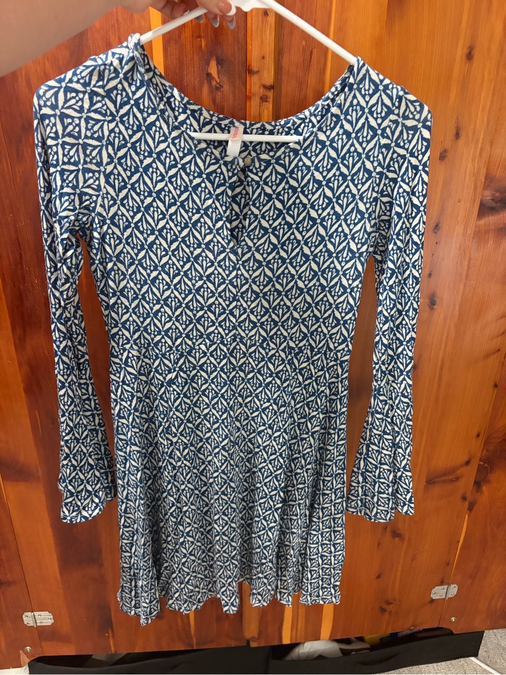 Xhilaration Navy and White Printed Long Sleeve Dress